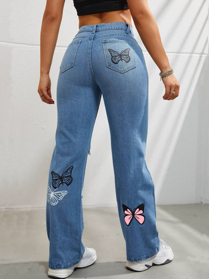 Wendy – High-Waisted Jeans with Butterfly Print