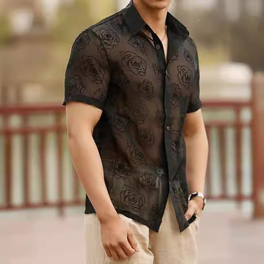 Garry – Short Sleeve Shirt with Rose Pattern and Mesh Design