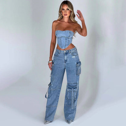 Ann – Low Waist Denim Suit with Pocket Stitch Jeans