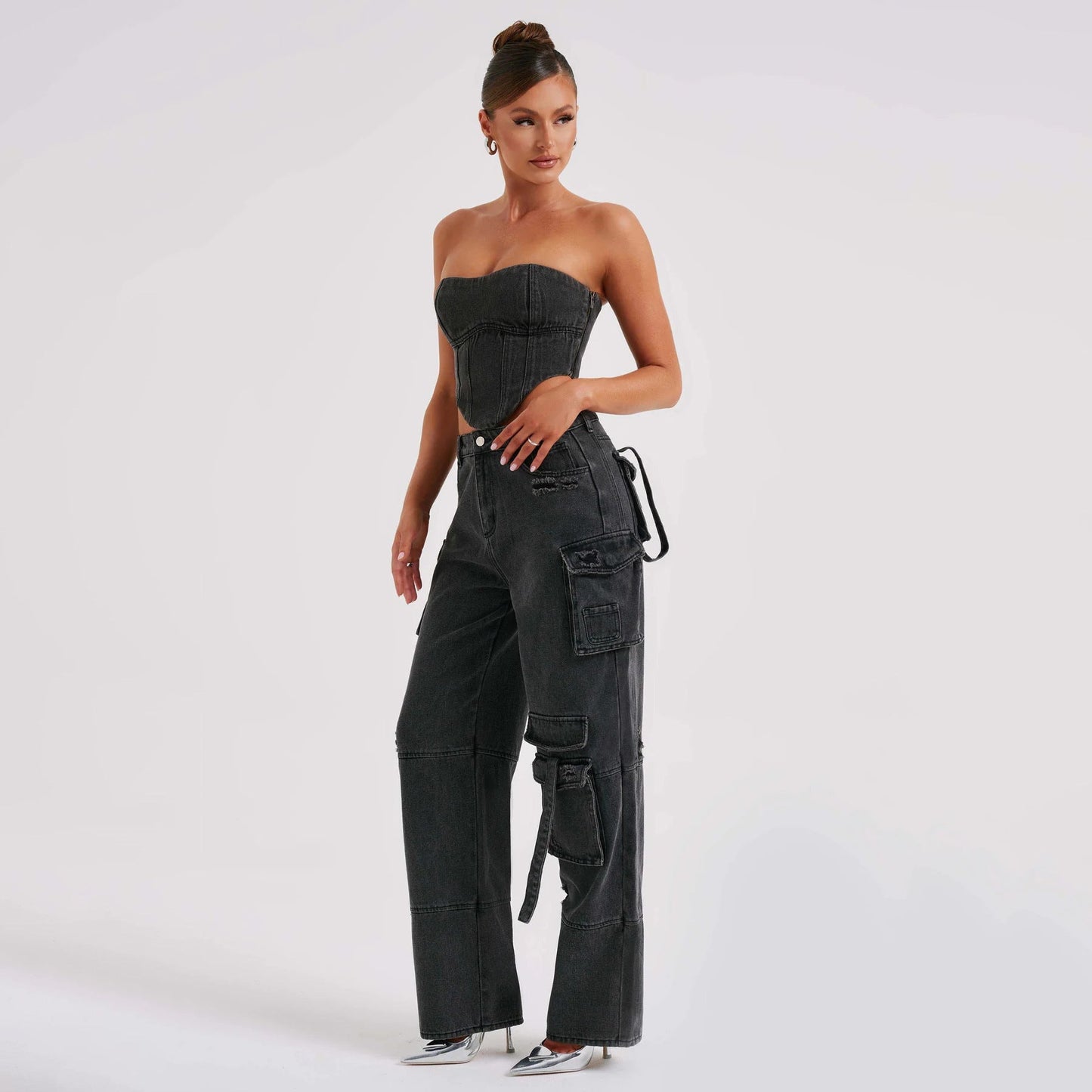 Ann – Low Waist Denim Suit with Pocket Stitch Jeans