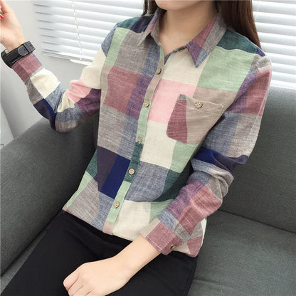 Lily – Vintage Plaid Blouse in Linen and Cotton with Long Sleeves