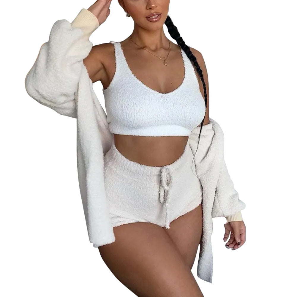 Shannon – Fluffy Three-Piece Set with Spaghetti Strap Top and Shorts