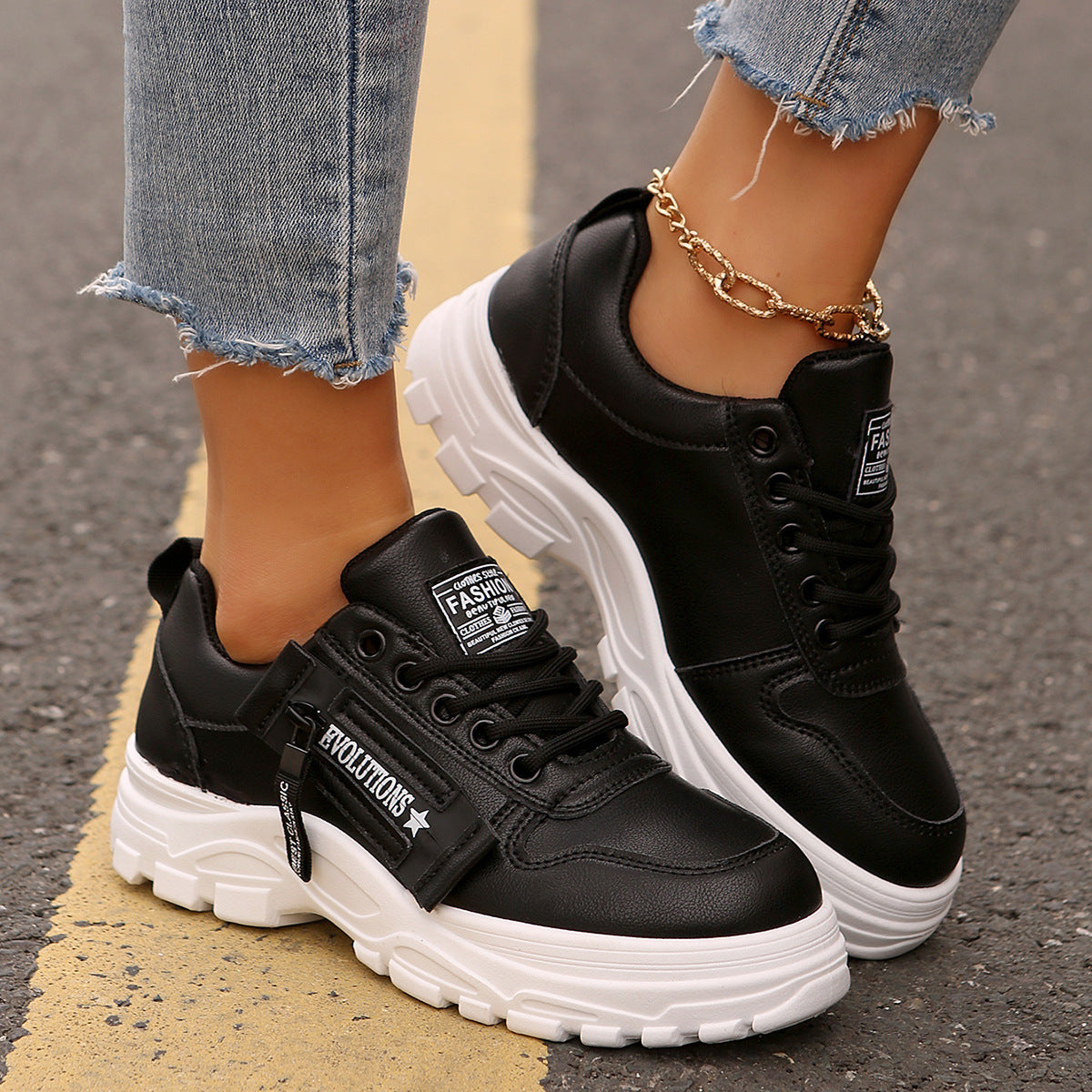 Sophia – Lace-Up Sneakers with Side Zipper and Thick Sole