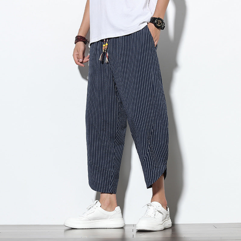 Benjamin – Striped Loose Harem Trousers in Premium Cotton and Linen