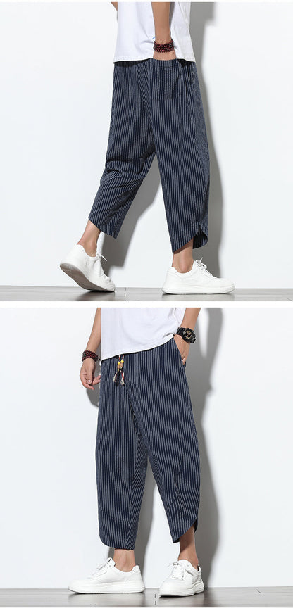 Benjamin – Striped Loose Harem Trousers in Premium Cotton and Linen