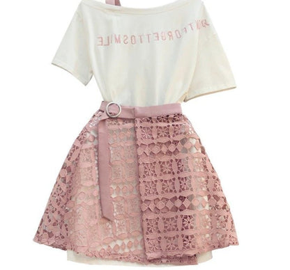 Joy – Lace Skirt with Hollow Hem and Long T-Shirt