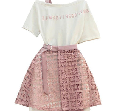 Joy – Lace Skirt with Hollow Hem and Long T-Shirt