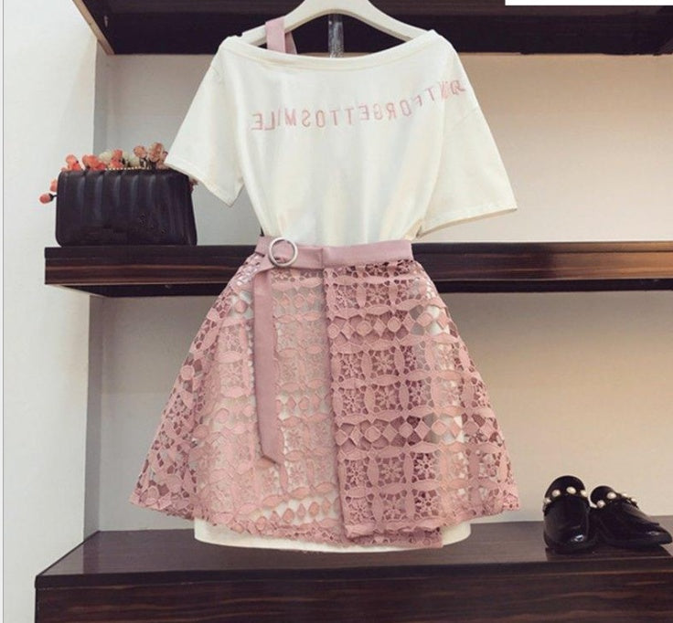 Joy – Lace Skirt with Hollow Hem and Long T-Shirt