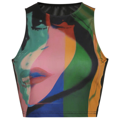 Nicola – Vintage Mesh Top with Retro Painting Print