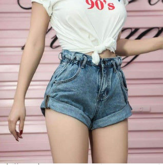 Brenda – High-Waisted Denim Shorts with Elastic Waist and Wide Leg