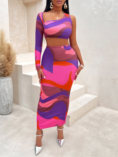 Tanya – Asymmetric One-Shoulder Skirt Set with Print