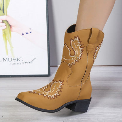 Natasha – Embroidered Western Boots with Chunky Heel