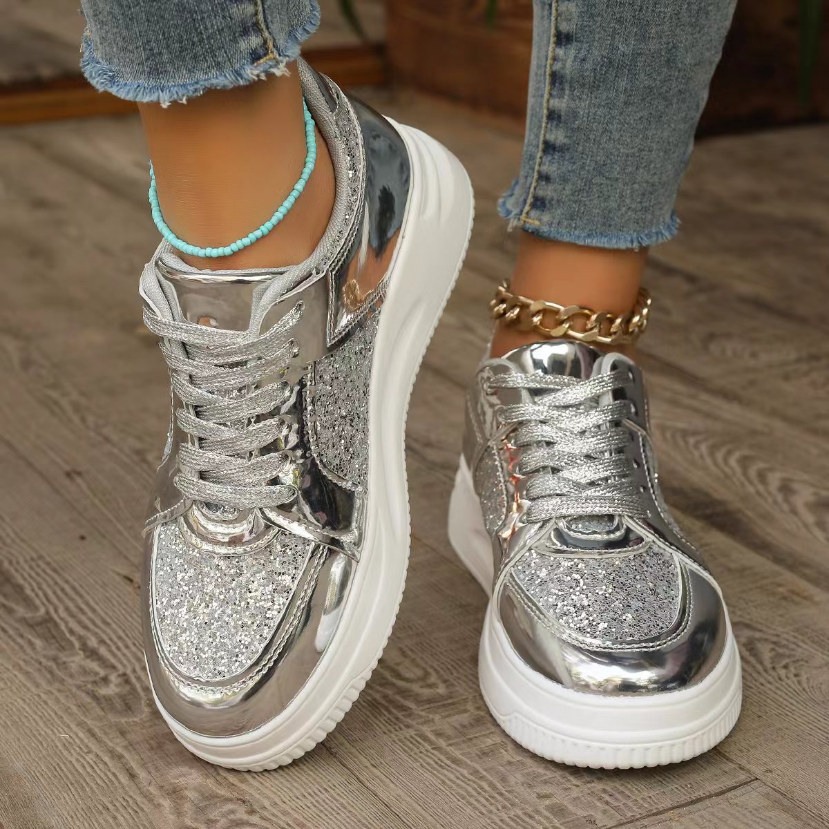 Tara – Sequin Lace-Up Sneakers with Non-Slip Sole