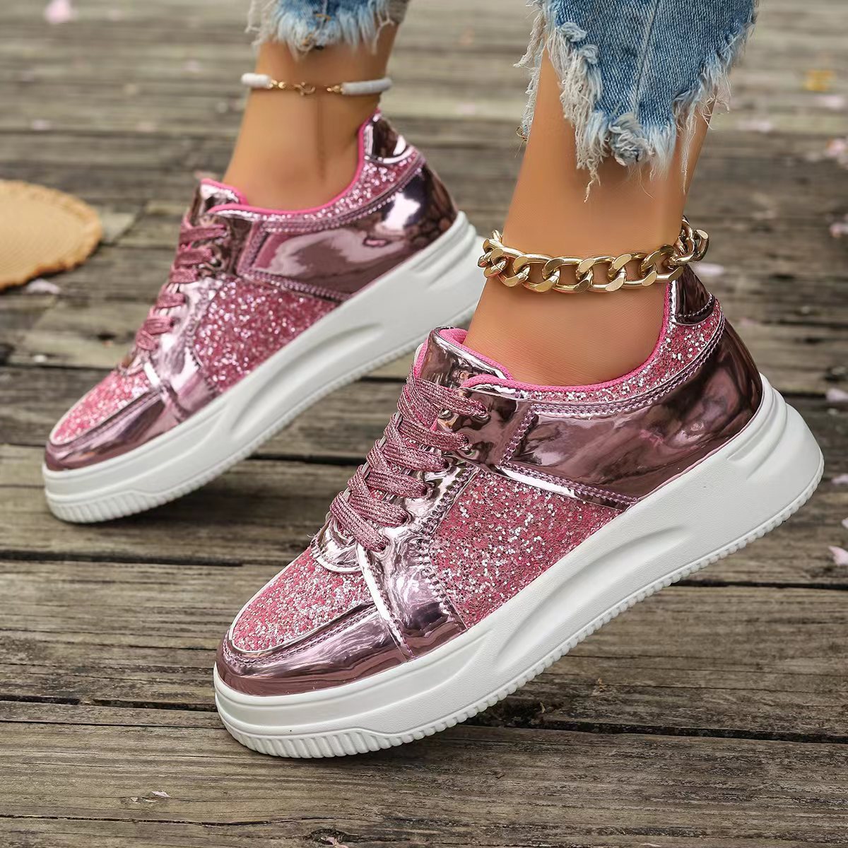 Tara – Sequin Lace-Up Sneakers with Non-Slip Sole