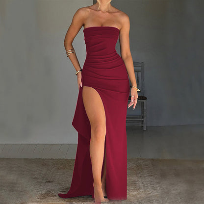 Gabrielle – Strapless Maxi Dress with Slit and Pleats