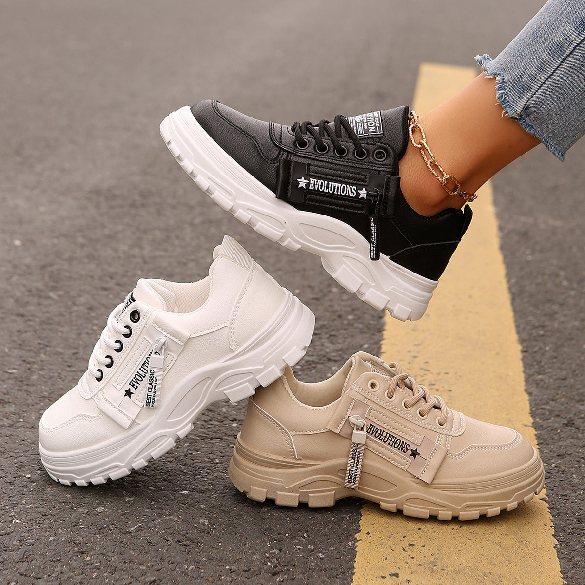 Sophia – Lace-Up Sneakers with Side Zipper and Thick Sole