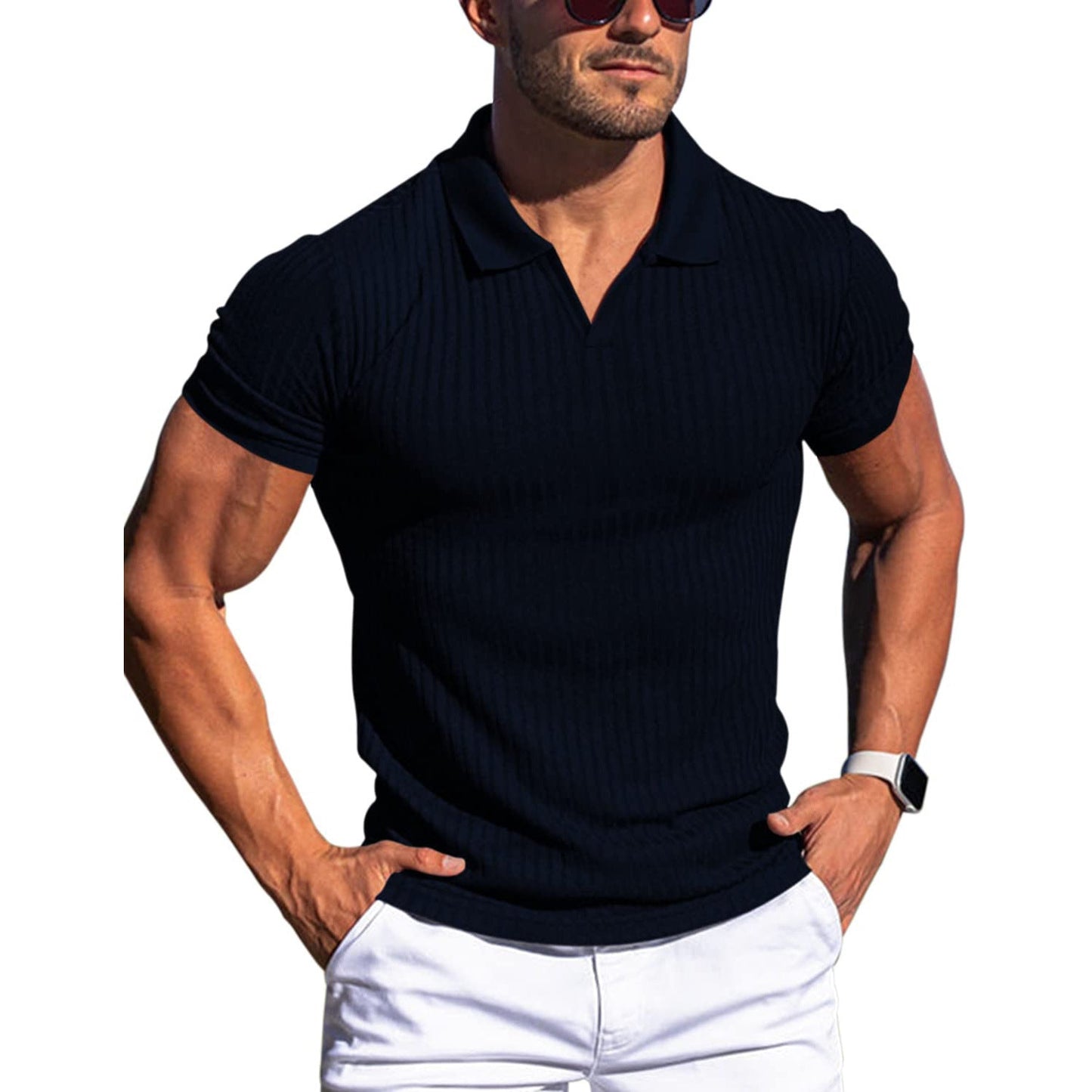 Sam – Men's V-Neck T-Shirt with Vertical Stripes