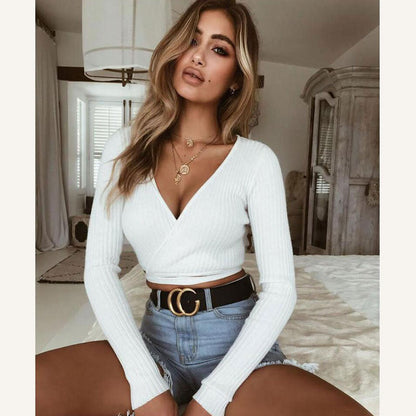 Sandra – Women's Summer Long Sleeve V-Neck Knit Crop Top