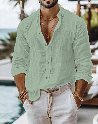 Brendan – Men's Cotton-Linen Shirt with Solid Design and Long Sleeves