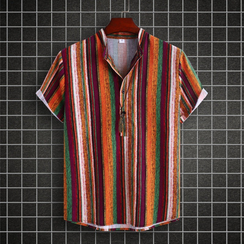 David – Ethnic Striped Cotton-Linen Shirt with Stand Collar and Short Sleeves