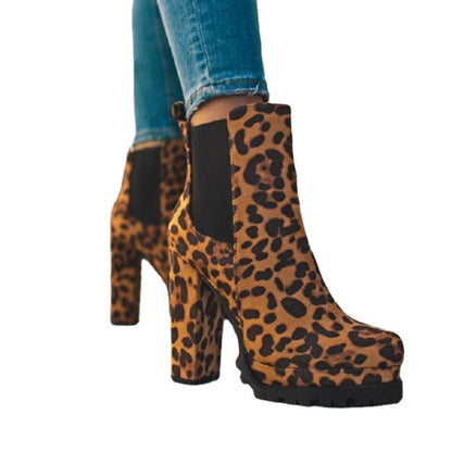 Natasha – Round Ankle Boots with Bold Leopard Print and Thick Block Heels