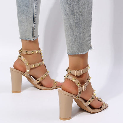 Shannon – Studded Buckle Sandals, Square Toe, High Heels