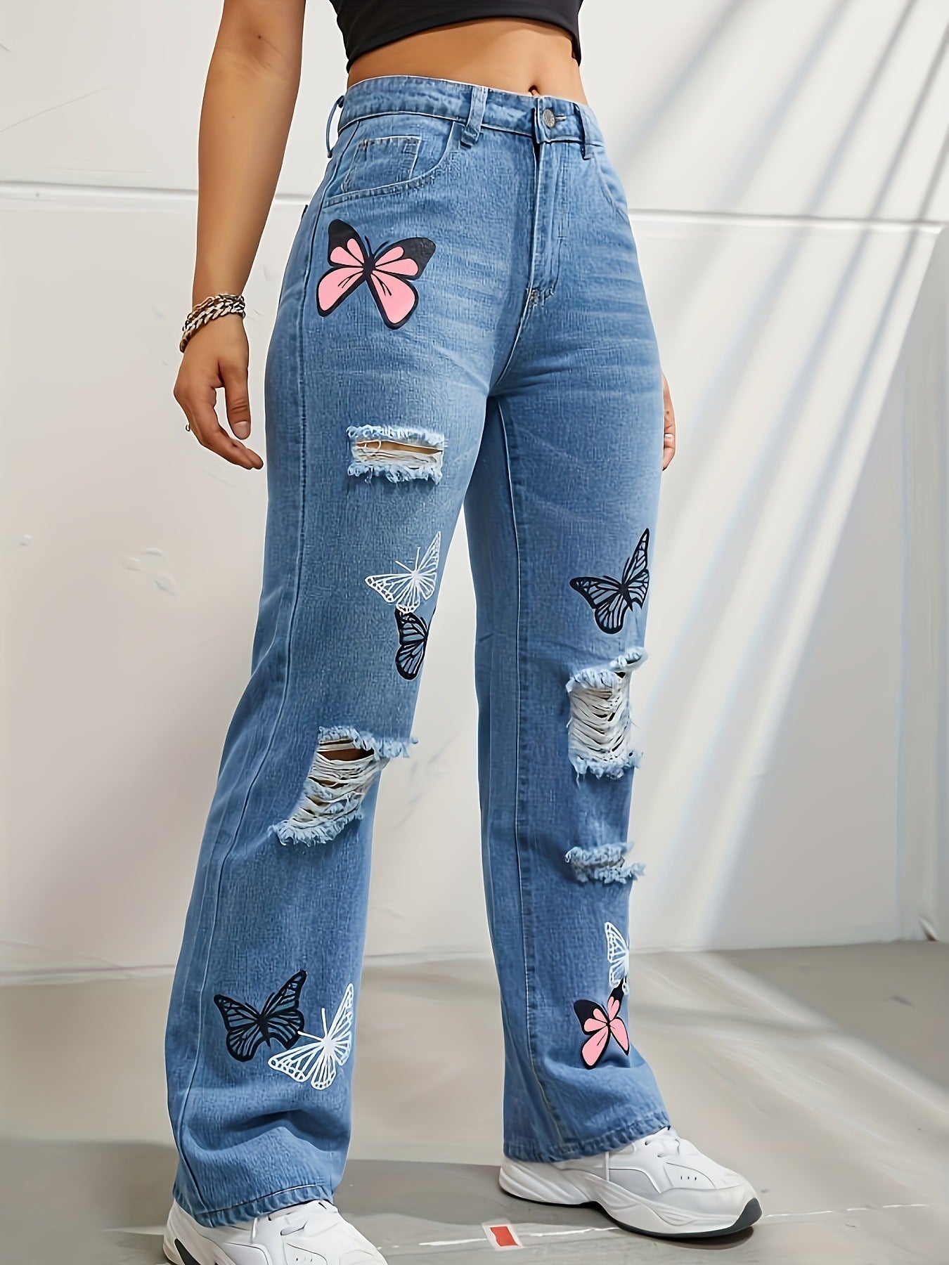 Wendy – High-Waisted Jeans with Butterfly Print