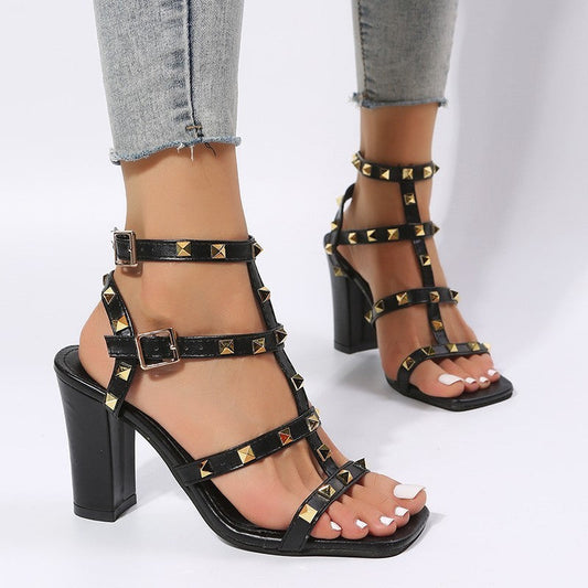 Shannon – Studded Buckle Sandals, Square Toe, High Heels