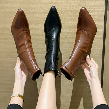 Charlotte – Pointed Thick Heel Boots in Vegan Leather