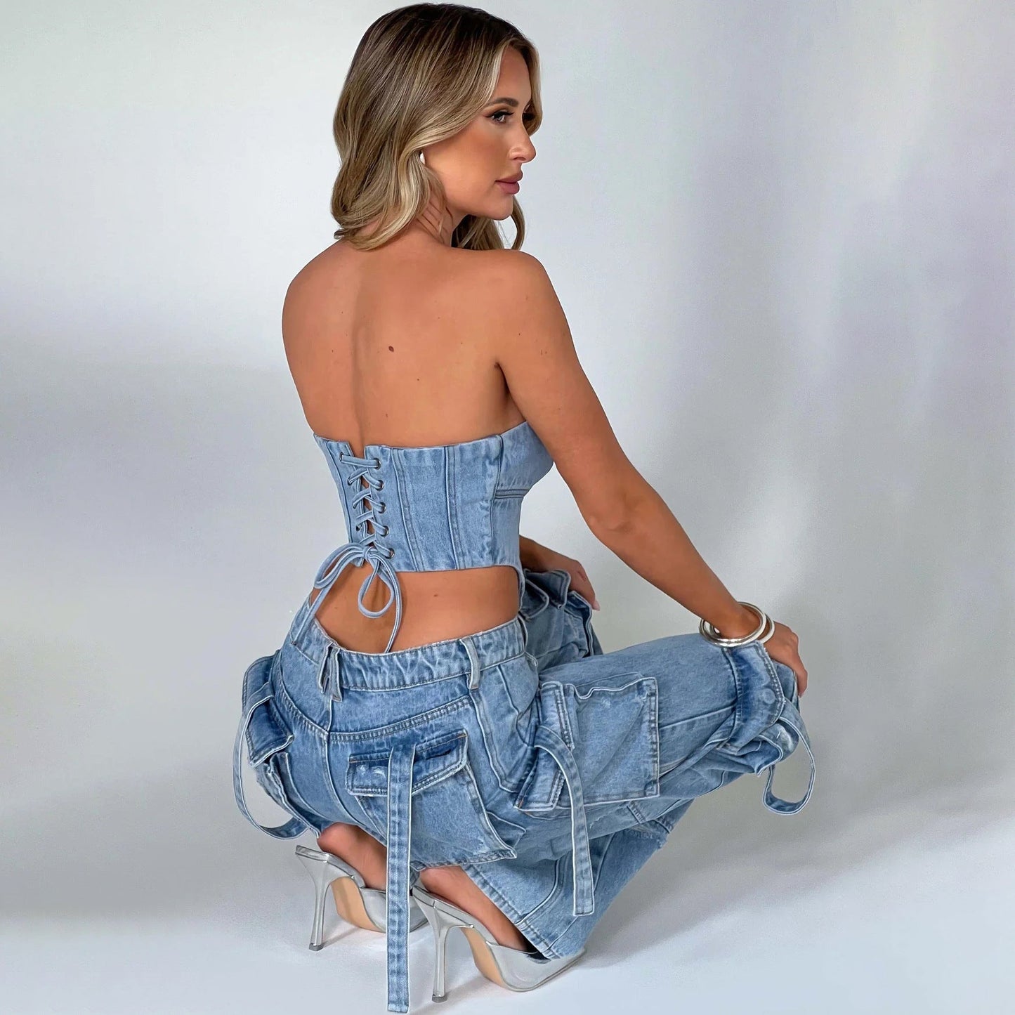 Ann – Low Waist Denim Suit with Pocket Stitch Jeans