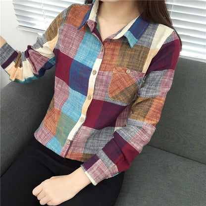 Lily – Vintage Plaid Blouse in Linen and Cotton with Long Sleeves