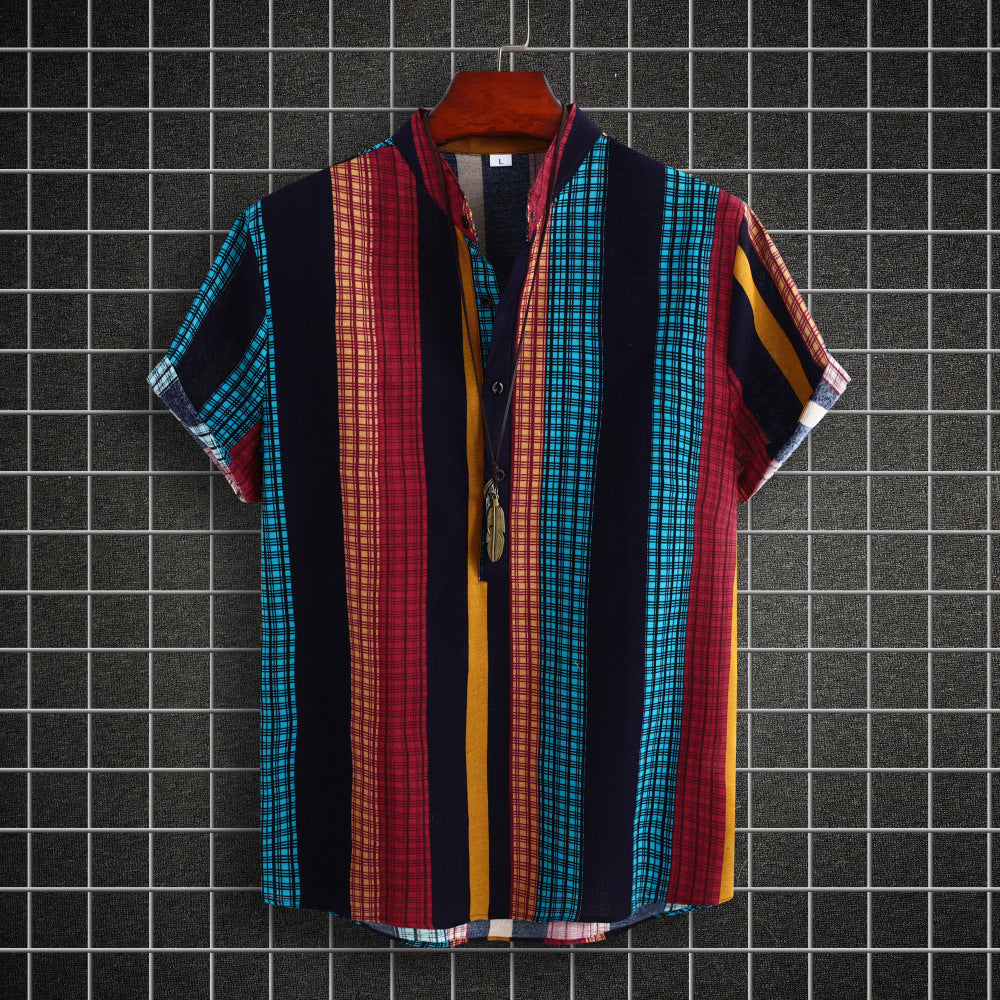 David – Ethnic Striped Cotton-Linen Shirt with Stand Collar and Short Sleeves