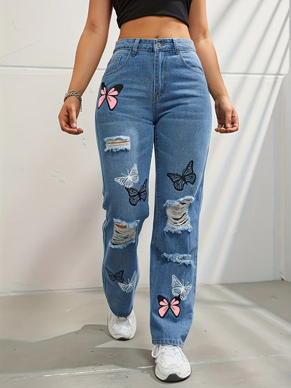 Wendy – High-Waisted Jeans with Butterfly Print