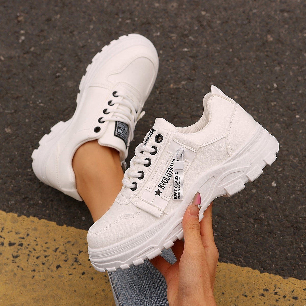 Sophia – Lace-Up Sneakers with Side Zipper and Thick Sole