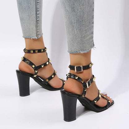 Shannon – Studded Buckle Sandals, Square Toe, High Heels