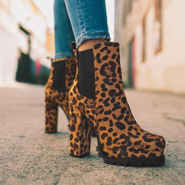 Natasha – Round Ankle Boots with Bold Leopard Print and Thick Block Heels