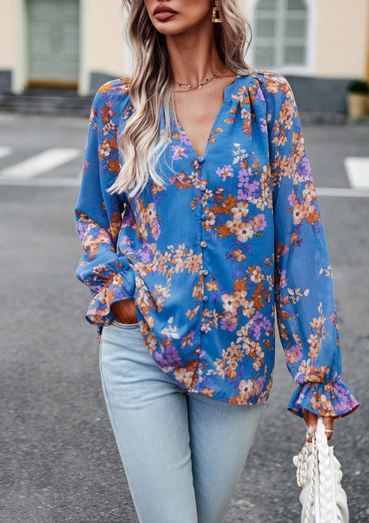 Sophia – Elegant Women's Blouse with Floral Print and V-Neck