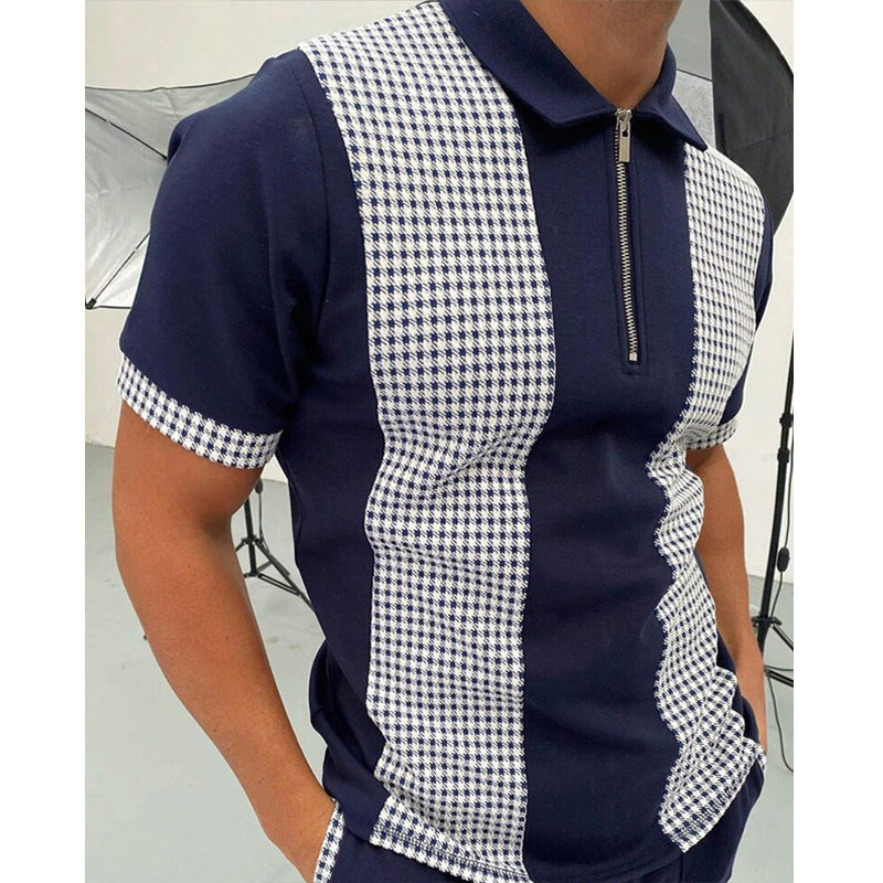 Aaron – Men's Polo Shirt with Zipper and Check Pattern