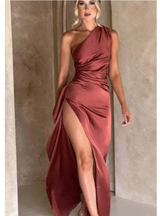 Sarah – Elegant One-Shoulder Backless Slit Dress in Premium Satin