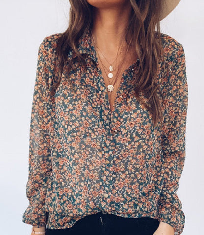 Caroline – Long-Sleeve Chiffon Blouse with Floral Pattern