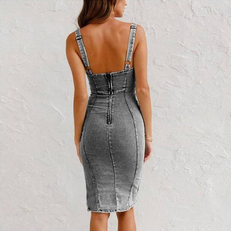 Hannah – Summer Denim Dress with Straps and Slit Design