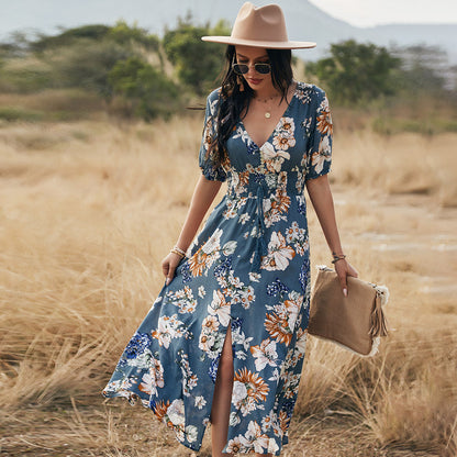 Sara – Floral Summer Beach Dress with V-Neck and Elastic Waist