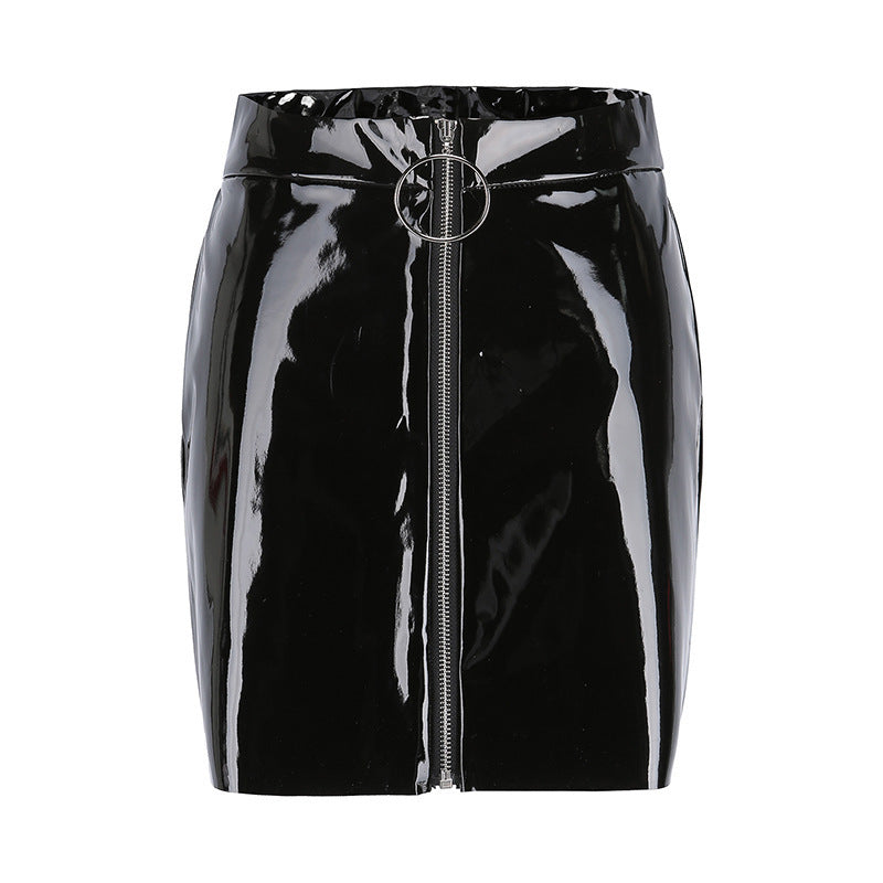 Joanne – Short Skirt with Ring Zipper in Premium Shiny Vegan Leather