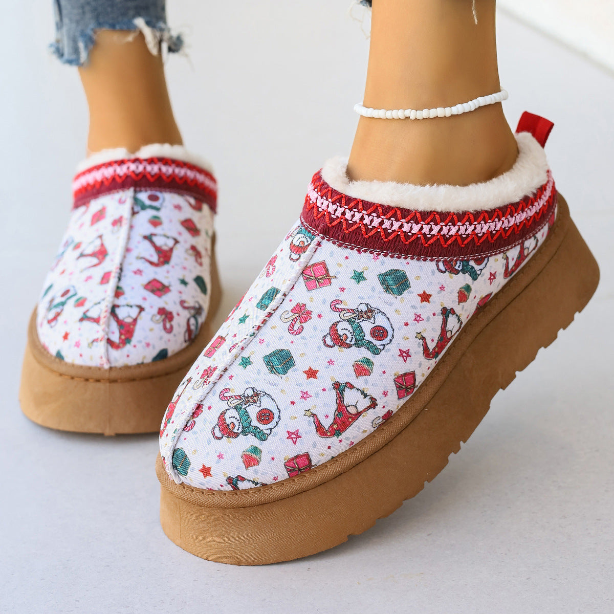 Robyn – Cartoon Christmas Print Ankle Boots with Plush Lining