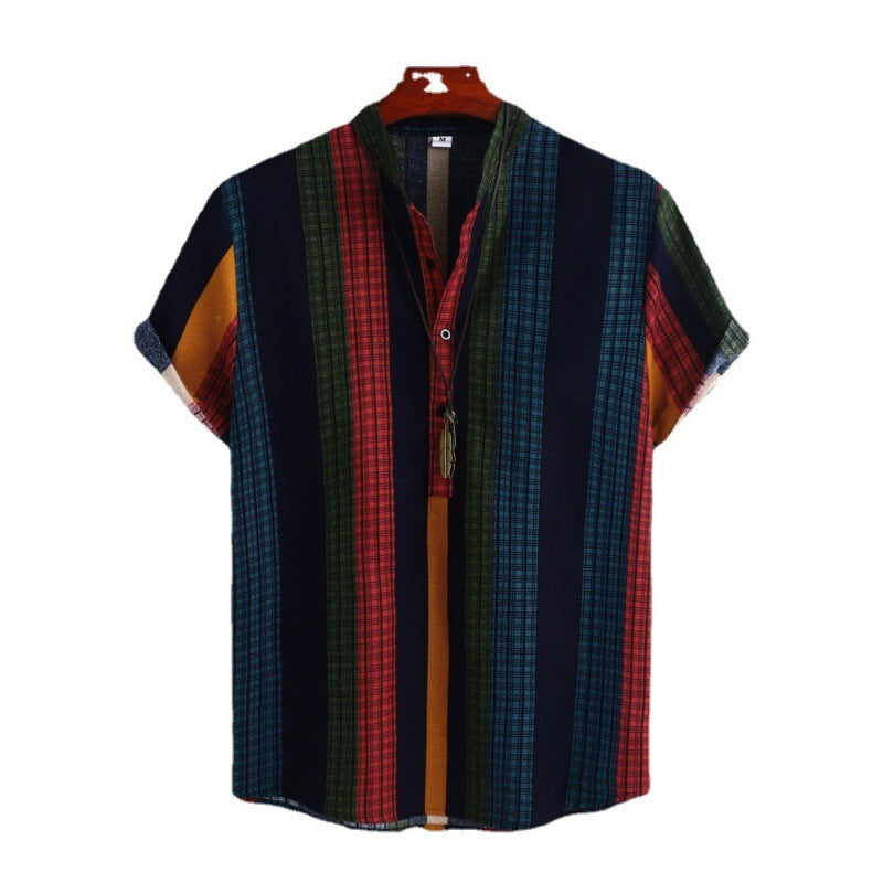 David – Ethnic Striped Cotton-Linen Shirt with Stand Collar and Short Sleeves