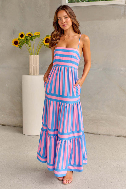 Caroline – Striped Maxi Dress with Straps and Pockets for Beach Getaway