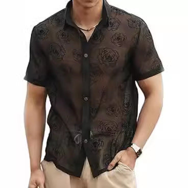 Garry – Short Sleeve Shirt with Rose Pattern and Mesh Design