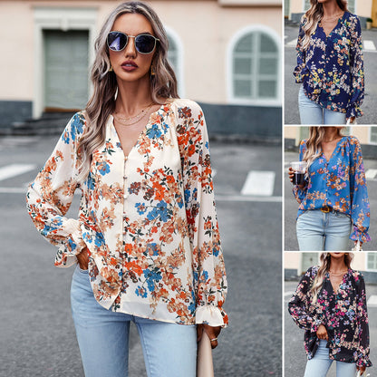 Sophia – Elegant Women's Blouse with Floral Print and V-Neck