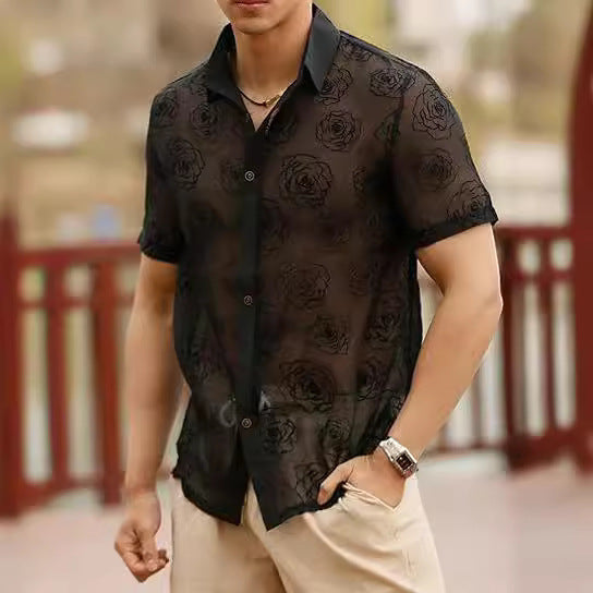 Garry – Short Sleeve Shirt with Rose Pattern and Mesh Design