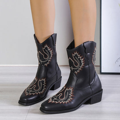 Natasha – Embroidered Western Boots with Chunky Heel